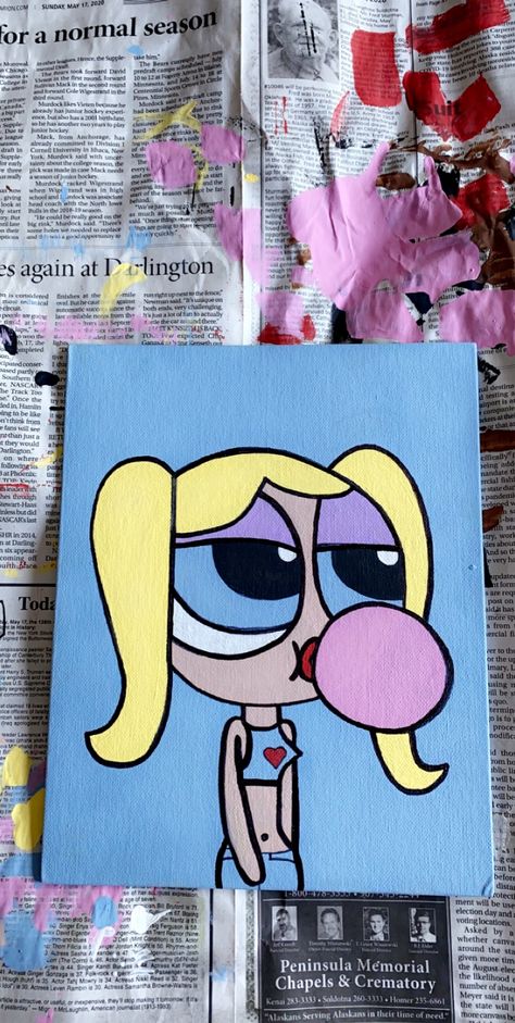 Bubbles Painting Powerpuff, Bubbles Powerpuff Canvas Painting, Power Puff Canvas Painting, Bubbles Powerpuff Painting, Barbie Painting Ideas On Canvas, Easy Paintings Aesthetic Vintage, Painting Ideas On Canvas High Cartoons, Painting Ideas Powerpuff, Powerpuff Canvas Painting