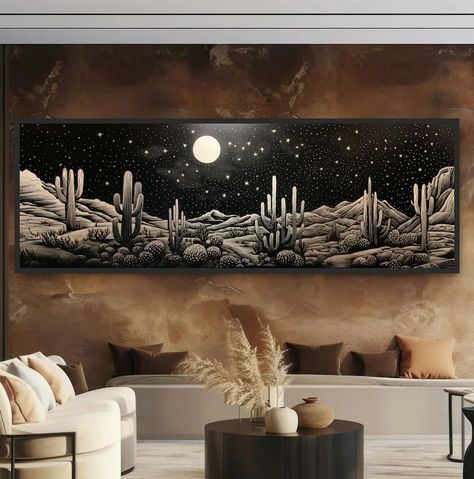 Desert Starry Night Cactus Print. Panoramic Landscape Canvas or Poster. Bright Full Moon. Bold Whimsical Retro Western Boho Illustration. - Etsy Black And White Cactus Painting, Desert Room, Agave Art, Modern Southwest Decor, Boho Illustration, Arizona Art, Panoramic Landscape, Nighttime Sky, Cactus Photography