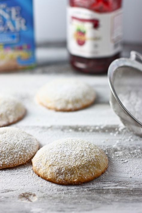 "daddys" soft sugar cookies filled with seedless raspberry jam Filled Cookies Jam, Raspberry Filled Shortbread Cookies, Jam Stuffed Cookies, Raspberry Pillow Cookies, Raspberry Filled Cookies, Pillow Cookies Recipe, Bakery Favorites, Jam Filled Cookies, Pillow Cookies