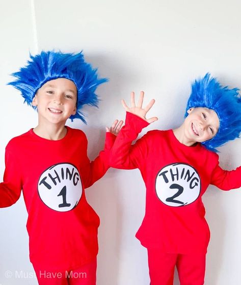 Dr Seuss Costumes DIY - Must Have Mom Thing 1 Hair Dr Seuss Diy, Doctor Seuss Costumes, Diy Dr Seuss Costumes, Dr Seuss Outfit, Book Week Costume Ideas, Easy Book Week Costumes, Seuss Costumes, Dr Seuss Costumes, Book Character Costumes