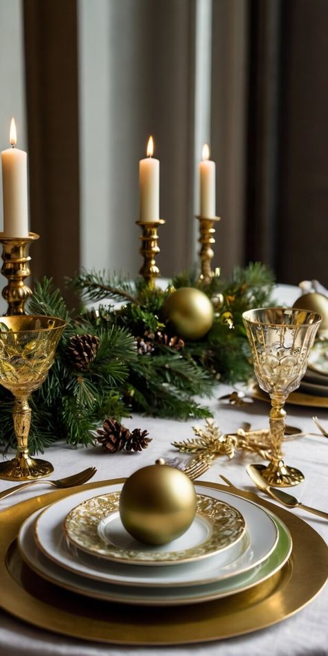 15 Stunning Green & Gold Christmas Tablescapes Green And Gold Christmas Table Centerpieces, Green White Gold Christmas Decor, Gold Christmas Tablescapes, Christmas Table Centerpieces Farmhouse, Green And Gold Christmas Table, Simple Christmas Centerpieces, Diy Christmas Table Centerpieces, Christmas Table Centerpieces Diy, Christmas Tablescapes Elegant