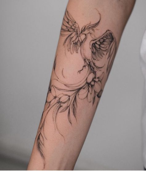 Flower Phoenix Tattoo, Transformation Tattoo For Women, Forearm Tattoo Feminine, Phoenix Tattoo Forearm, Phoenix Forearm Tattoo, Minimalist Sleeve Tattoo For Women, Phoenix Tattoo Design For Women, Phoenix Minimalist, Phoenix Tattoos For Women