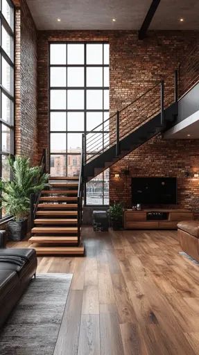 ↑↑↑ Larger size on website 🔸 The image shows a modern loft apartment with exposed brick walls, a large window, and a sleek black Brick Loft Apartment, Black Metal Staircase, Exposed Brick Loft, Exposed Brick Apartment, Tv Mounted On The Wall, Loft Apartment Industrial, Modern Loft Apartment, Brick Apartment, Metal Staircase