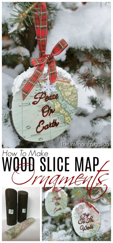 Prefer giving handmade gifts during the holidays? These DIY wood slice decoupaged map ornaments make an excellent teacher, hostess or ornament exchange gifts. Diy Wood Ornaments, Holiday Ornaments Diy, Repurposed Projects, Map Ornaments, Decoupage Wood, Christmas Craft Fair, Teacher Ornaments, Ornament Diy, Trendy Diy