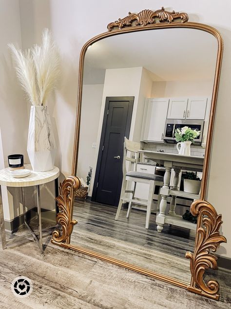 Kirklands Floor Mirror, Full Mirror In Living Room, Extra Large Floor Mirror, Large Gold Floor Mirror, Anthropology Mirror Decor, Large Standing Mirror Living Room, Gold Mirror Full Length, Floor Length Gold Mirror, Floor Mirror Dining Room