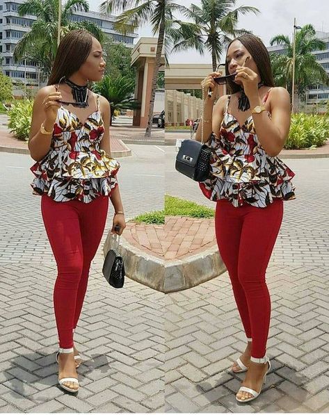 ed519dacc89b2bead3f453b0b05a4a8bdesc50765102ri Ankara Peplum Tops, Ankara Trousers, Top For Ladies, African Tops, African Print Tops, African Fashion Skirts, Latest Ankara, Afrikaanse Mode, Peplum Tops