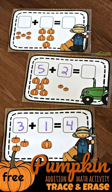 FREE Pumpkin Math Activity - fun addition math practice for prek, kindergarten, and first graders during October for a pumpkin themed educational activity #pumpkin #addition #kindergarten Kindergarten Math Activities Printables, Thanksgiving Addition Kindergarten, Fun Math Activities Preschool, Fall Math Crafts For First Grade, Addition Centers Kindergarten, First Grade Fall Activities, Pumpkin Math Kindergarten, Kindergarten Addition Activities, Prek Pumpkins