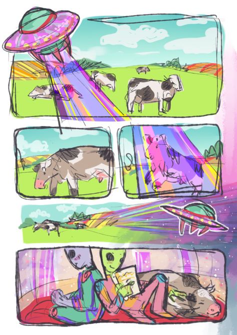 Alien/Cow abduction comic Alien Aesthetic, Pickle Jar, Arte Alien, Cute Alien, Aliens Funny, Aliens And Ufos, Alien Art, Cute Comics, Funky Art