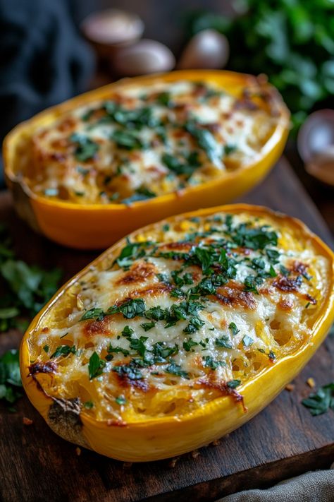 Two spaghetti squash halves topped with melted cheese and fresh herbs. Stuff Spaghetti Squash, Spaghetti Squash With Pesto, Burrito Spaghetti Squash Boats, Low Sodium Spaghetti Squash Recipes, Meals With Spaghetti Squash, Spaghetti Squash Dinner Recipes, Recipes For Spaghetti Squash, Whole 30 Spaghetti Squash Recipes, Cooking Spagetti Squash