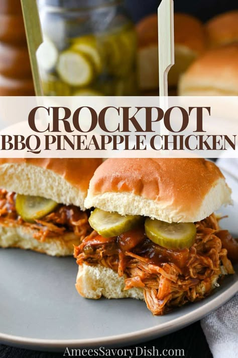 Crockpot BBQ Pineapple Chicken Crockpot Bbq Pulled Chicken Frozen, Bbq Peach Chicken Crockpot, Bbq Pineapple Chicken Crockpot, Honey Bbq Chicken Crockpot, Crockpot Bbq Chicken Recipes, Barbeque Chicken Crockpot, Pineapple Chicken Sandwich, Chicken Tacos Recipes, Sandwich Specials