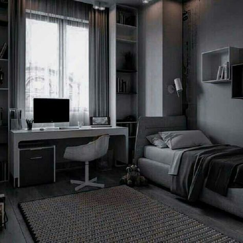 Dark Grey Room Aesthetic, Grey Room Ideas Bedroom, Bedroom Layouts For Small Rooms, Room Aesthetic Ideas, Male Bedroom Ideas, Gamer Bedroom, Baby Boy Room Decor, Dekorasi Kamar Tidur, Bedroom Setup