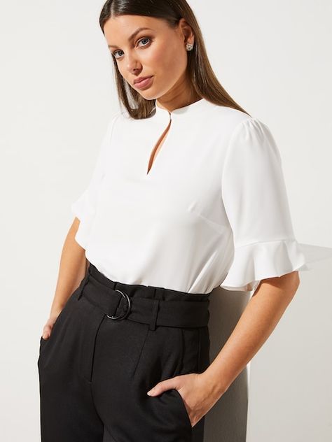 The Georgie Flute Sleeve Top is your new essential9-5 option! Front Keyhole Opening, Hook Flute Sleeve, Rib Top, Perfect Desk, Tops Long Sleeve, Knit Tops, Tailored Pants, Hook Eye, Tops For Women, Women's Tops