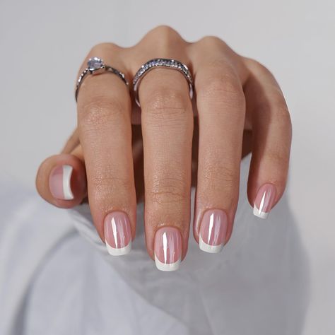 V Tip Short Nails, Shirt Classy Nails, Sqovalnails French Tip, Glaze French Tip Nails, Recruitment Nails Sorority, Btartbox Press On Nails, French Tip Pearl Chrome, French Tip Nails With Chrome On Top, Short Square White French Tip Nails