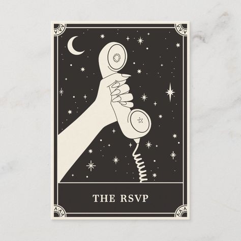 This Boho Save The Date card features a celestial tarot card style design in a black and cream colour palette. The illustration shows a hand holding a retro phone. The background has a moon and twinkling stars. This would be perfect for anybody having a Halloween or Spooky themed wedding with a palmistry or fortune telling theme. Spooky Save The Date, Tarot Card Table Numbers, Tarot Themed Wedding, Tarot Wedding Invitations, Tarot Card Wedding, Tarot Wedding, Witch Cards, Witchy Wedding, Spooky Wedding