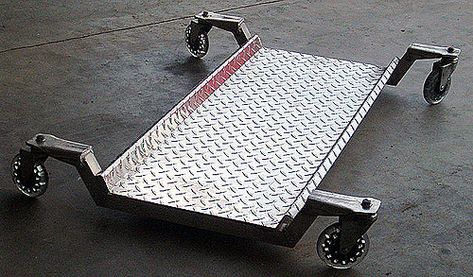 All aluminum shop creeper.  I built it because I was tired of creepers with tiny wheels and padding that easily burns.  It features 4" caster wheels and has 3/4" ground clearance for a low profile. Contributed by:  C. Maurer.   To find and share additional welding project ideas & plans, visit: www.millerwelds.com/interests/projects/ Gerobak Dorong, Shielded Metal Arc Welding, Welding Jobs, Welding And Fabrication, Diy Welding, Arc Welding, Welding Table, Metal Welding, Garage Tools