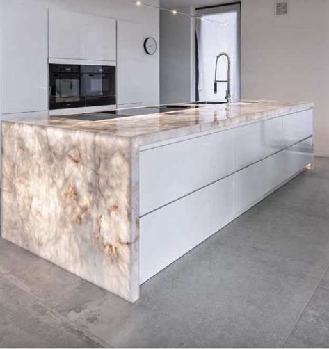 Backlit Kitchen Island, Round Kitchen Island, Stone Countertops Kitchen, Passive House Design, Onyx Marble, Stone Kitchen, Kitchen Benches, Kitchen Reno, Stone Countertops