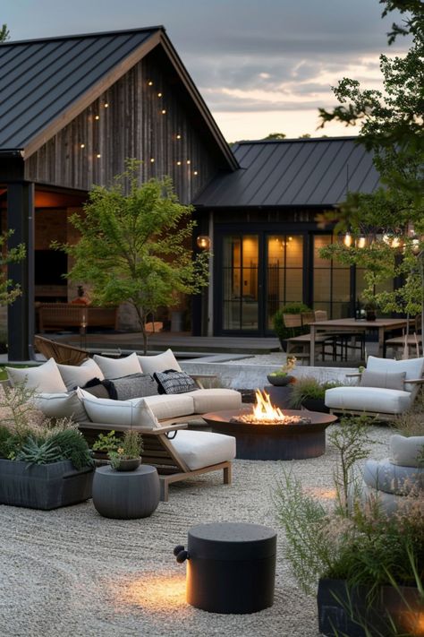 Large Outdoor Area Ideas, Backyard Fire Pit Patio, Outdoor Styling Ideas, Rustic Modern Outdoor Patio, White Gravel Backyard, Pea Gravel Backyard Landscaping, Peat Gravel Patio, Scandi Backyard, Fire Pit Garden Ideas Backyard