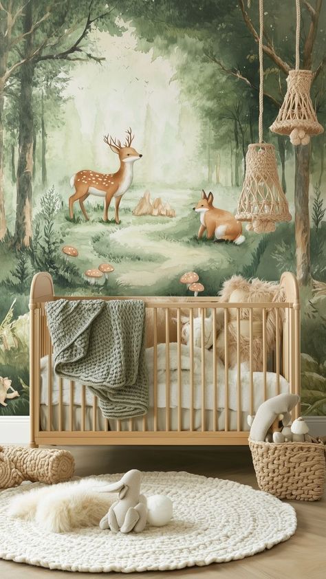 An enchanting woodland-themed nursery with a forest mural, cozy textures, and natural decor for a magical, whimsical feel. Green Nursery Ideas, Forest Baby Rooms, Woodland Mural, Woodland Baby Nursery, Dreamy Nursery, Baby Room Colors, Forest Mural, Baby Room Themes, Fun Nursery