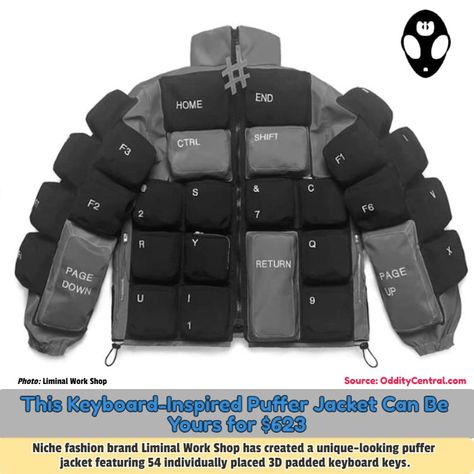 Niche fashion brand Liminal Work Shop has created a unique-looking puffer 🧥 jacket featuring 54 individually placed 3D padded ⌨️ keyboard keys. #fashion #inventions #keyboardjacket #cooldesign #Liminal #odditycentral Black Keyboard, Gaming Computer Desk, Keyboard Keys, Quilted Puffer Jacket, Puffy Jacket, Genuine Leather Jackets, Leather Jacket Black, Leather Jackets Women, Computer Keyboard