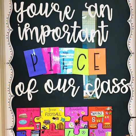 I love our classroom door. I printed individual puzzle pieces on @astrobrights card stock. On the first day of school, students decorated… Bulletin Boards Elementary, Elementary Bulletin Boards, Kindergarten Bulletin Boards, Teacher Bulletin Boards, School Door Decorations, Classroom Doors, Preschool Bulletin, Preschool Bulletin Boards, School Doors