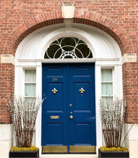 Navy Door, Wooden Garage Doors, Brick Houses, Garage Door Types, Blue Front Door, Orange Brick, Front Door Paint Colors, Door Paint Colors, Red Brick House