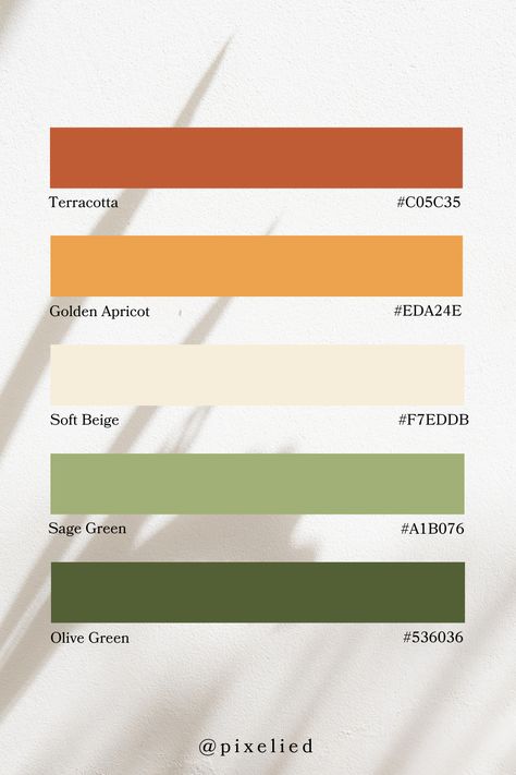 This palette combines the earthy tones of terracotta and golden apricot with the soft, neutral shade of beige, balanced by the natural greens of sage and olive. Color Palette Green Terracotta, Green Pink Terracotta, White Kitchen Accent Color, Terra Cotta And Green Color Palette, Sage Green And Orange Color Palette, Earthy Color Combinations, Sage Green And Terracotta Bathroom, Sage And Rust Color Palette, Balanced Color Palette