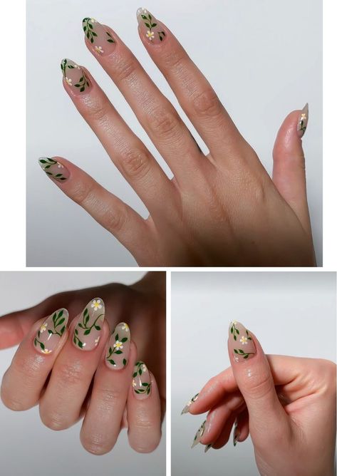 Nails With Ivy Design, Nail Designs Cottagecore, Flower Nail Designs Green, Cottagecore Wedding Nails, Nature Inspired Nails Green, Cottage Core Acrylic Nails, Green Cottage Core Nails, Green Plant Nail Design, Vines Nail Art