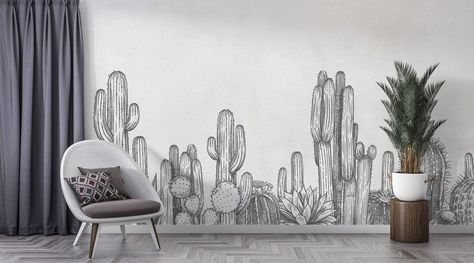 Mural Sketch, Cactus Wallpaper, Farrow & Ball, Ink Water, Nursery Wall Murals, Tropical Wallpaper, Removable Wall Murals, Ink In Water, Glass Furniture