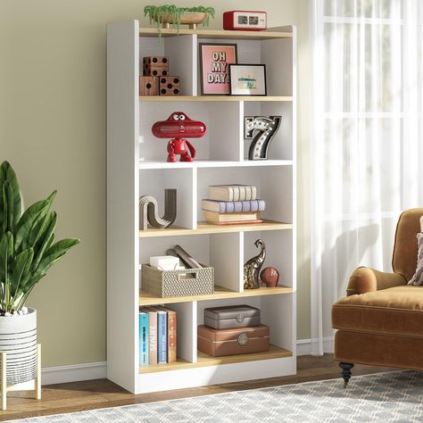 PRICES MAY VARY. 【BRING BACK FASHION STYLE】 Crisp white finish, Light brown shelves, this tall bookshelf blends aesthetics from simple and elegant together, easily upgrading your home decoration. Invite this stylish piece to your home and show off your storage! 【10 CUBE ORGANIZER】 Measuring 35.4” W x 11.8” D x 72” H, this 6-tier bookcase with 10 storage cubes offers various items a stage to shine like books, photos, and decorations. The wide top provides a large platform for fabric bins. Compart Tall White Bookcase, Cube Bookshelf, Styling A Bookcase, Bookcase Modern, Narrow Bookshelf, Tall Bookshelf, Home Library Rooms, Open Display Shelf, Library Bedroom