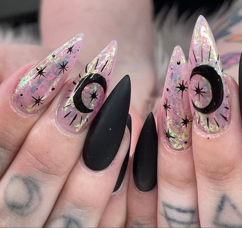 Mystical Nail Art, Mystical Nails Almond, Summer Witch Nails, Pink Witchy Nails, Summer Witchy Nails, Soft Goth Nails, Gothic Summer Nails, Goth Almond Nails, Alternative Nails Designs