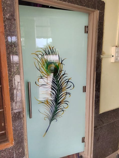 Itching Glass Design, Pooja Room Glass Door Design Indian, Frosted Glass Design For Mandir, Etched Glass Door For Pooja Room, Mandir Glass Door Design, Temple Glass, Kitchen Door Designs, Temple Door, Pooja Door