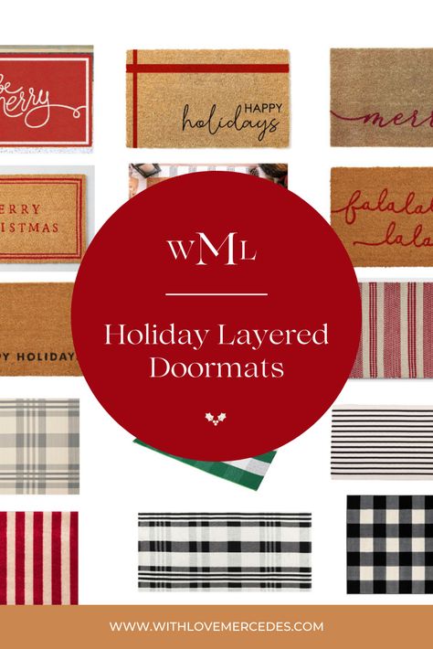 Christmas Front Door Mats, Layering Rugs Front Door Christmas, Christmas Front Porch Rugs, Holiday Door Mat, Layered Outdoor Door Mats, Layered Door Mat Ideas, Christmas Door Mat Tag, Layered Christmas Door Mat, Christmas Outdoor Mats