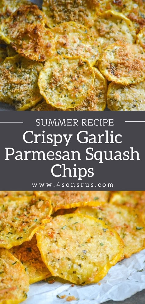 Squash Chips, Parmesan Squash, Veggie Side Dish Recipes, Summer Squash Recipes, Crispy Garlic, Veggie Chips, Chips Recipe, Air Fryer Recipes Healthy, Homemade Snacks