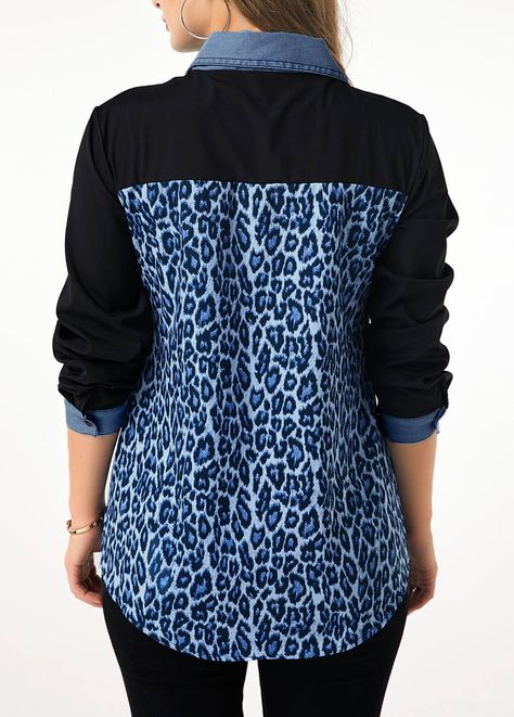 Denim Panel Leopard Print Button Up Shirt | Rosewe.com - USD $30.06 Lace Shirt Outfit, Blouse Dress Outfit, Panel Shirt, Fashion Work Outfit, Leopard Print Outfits, Sewing Blouses, Diy Clothes And Shoes, Leopard Print Shirt, Trendy Tops For Women