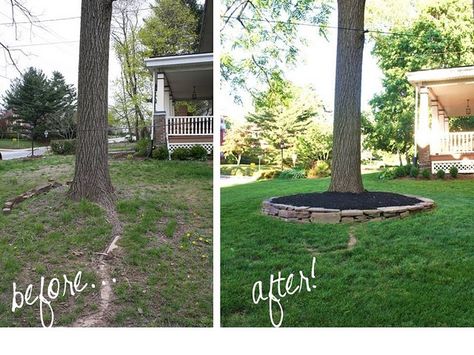 Don't put mulch against tree trunk, though. stacked stone around tree ... a how-to Stone Around Tree, Rock Planters, Landscaping Around Trees, Front Yards Curb Appeal, Mulch Landscaping, Landscaping Trees, Landscaping Front Yard, Pergola Design, Home Landscaping