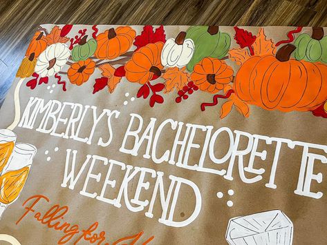 This banner is giving cozy fall vibes! 🍂🍁🥂💍 - - - *please do not replicate* #bachelorette #fall #fallvibes #art #cozy #sweaterweather #falldecor #banner #banners #butcherpaperbanner Friendsgiving Banner, Painted Banner, Cozy Fall Vibes, Painting Inspo, Butcher Paper, Autumn Painting, Painted Pumpkins, Cozy Fall, Please Do