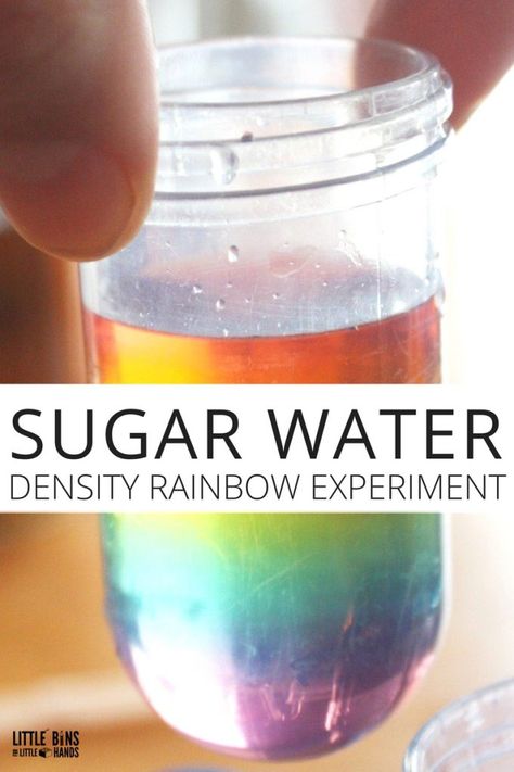 Sugar water density rainbow science experiment for kids. Fun and simple kids science experiment using sugar and water and food coloring. Kitchen science you can do anytime. Density Activities, Density Experiment, Rainbow In A Jar, Rainbow Experiment, Kitchen Science Experiments, Chemistry Activities, Kitchen Science, Experiments Kids, Kid Experiments