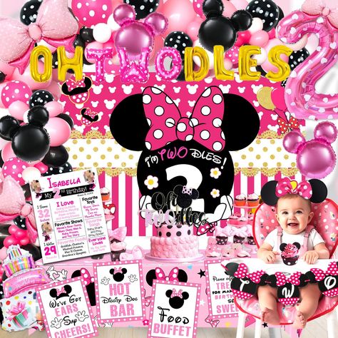 PRICES MAY VARY. 🎀 One Stop Shopping! Oh Twodles Birthday Party Decorations set will meet all your need. includes : I’M TWODLES backdrop (150cmx100cm) | oh twodles cake topper | TWO highchair banner | 4pcs mouse head foil balloons | 3pcs bow foil balloons | 100pcs pink mouse themed latex balloons | 1pc tablecloth | 1pc 40 inch number 2 foil balloon | 1 pack 12” OH TWODLES letter foil balloons | 1pc 40” cake foil balloon | 1pcs mouse bow headband | 6pcs party signs with 2nd birthday milestone po Toddler Girl 2nd Birthday Themes, Two Year Old Girl Birthday Party Themes, Girls Second Birthday Party Ideas, 2 Year Birthday Theme Girl, Two Year Old Birthday Party Girl, Twodles Cake, Oh Twodles Birthday Girl, Oh Twodles Birthday Party, Twodles Birthday Party