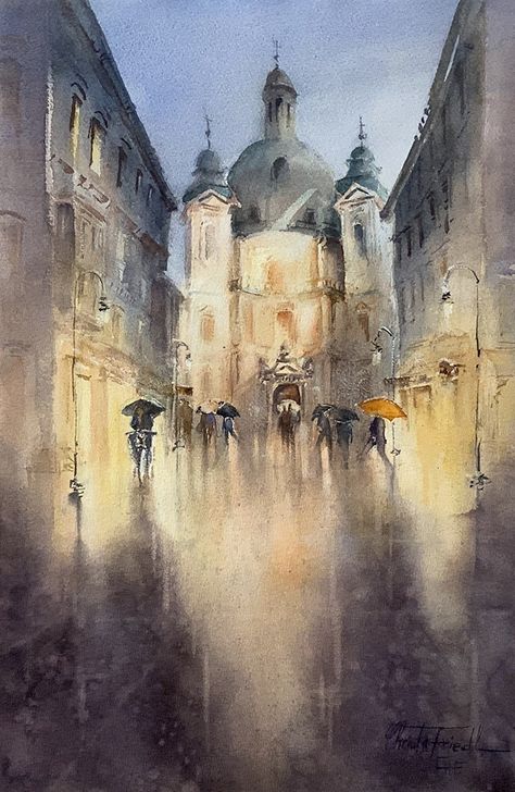 Vienna Watercolor, Water Colour Painting Ideas, Colour Painting Ideas, Watercolour Architecture, Vienna Tattoo, Vienna Art, Thomas Schaller, City Rain, Poster Images