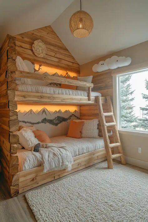 Handmade Bunk Beds, Bunk Room Loft, Bunk Bed Guest Room Ideas, Kids Built In Bunk Beds, Rustic Loft Bed, Kid Loft Bed Ideas, Loft Bed Layout Ideas, Kids Small Room Ideas, Boys Room Bunk Bed