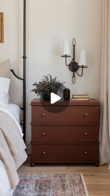 Jenna Sue • Design + DIY on Instagram: "The ultimate Ikea Malm hack 😍  We transformed this basic Ikea chest into a designer-inspired nightstand for a fraction of the cost! All it took was some wood trim, furniture feet and paint. The rich burgundy brown color really takes it to the next level 🤌🏼  I shared all the details yesterday’s blog tutorial—comment LINK and I’ll dm you the info! 👇🏼" Brown Painted Nightstand, Songesand Nightstand, Ikea Malm Diy, Ikea Hack Nightstand, Birmingham House, Ikea Rast Nightstand, Ikea Malm Nightstand, Malm Hack, Bedside Table Ikea