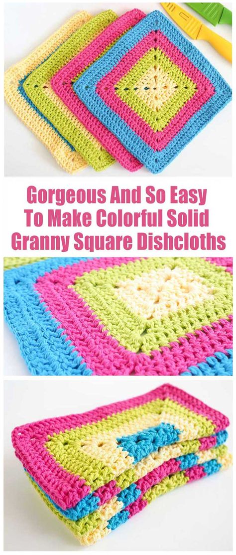 Colorful Solid Granny Square Dishcloths. I love colorful crochet projects! It’s just something about them so inviting and playful they just bring more joy to one’s life. Having colorful crochet dishcloths in the kitchen is like having a color therapy for free and without even knowing it may be, in the privacy of your home.  #crochet #aboutcrochet #crochetstitches #crochetpatterns #crochettutorial #freecrochetpattern #crochettips #crochettechniques #crochetprojects #crochetdishcloths #crochethome Crochet Granny Square Dishcloth Pattern, Granny Square Washcloth, Crochet Dish Cloth Free Pattern, Learning Crochet, Solid Granny Square, Granny Square Pattern Free, Crochet Granny Square Tutorial, Dishcloth Patterns Free, Sunburst Granny Square