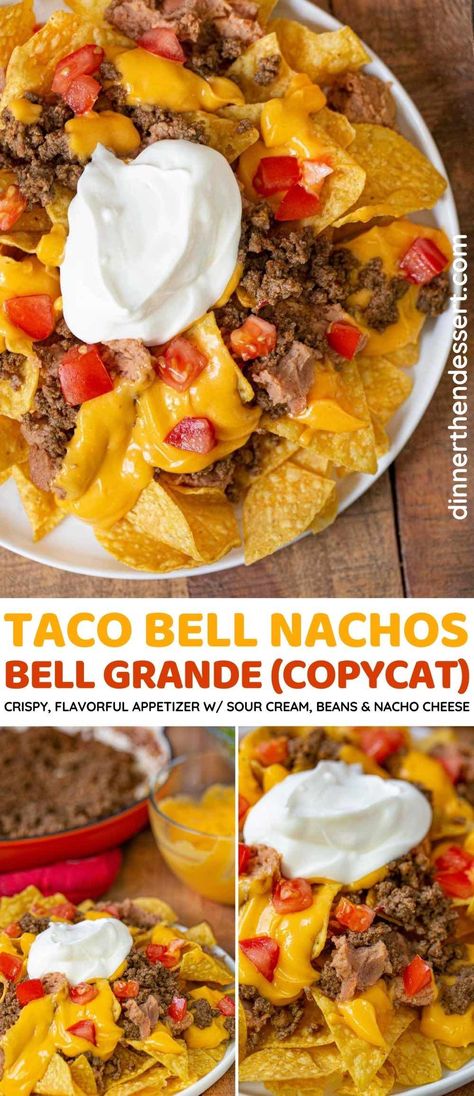 Taco Bell Nachos Bell Grande are a crispy and flavorful crowd-pleasing dish. Made with sour cream, refried beans, nacho cheese, and ground beef. Queso Nachos Ground Beef, Doritos Nachos Ground Beef, Ground Beef Nachos Recipe Easy, Nacho Bell Grande Recipe, Nacho Bell Grande, Taco Bell Nachos, Taco Supreme, Nachos Supreme Recipe, Nachos Recipe Beef