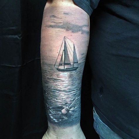 60 Sailboat Tattoo Designs For Men                                                                                                                                                     More Boat Tattoos, X Men Mystique, Sailing Tattoo, Crucifix Tattoo, X Men Storm, X Men Comics, Sailboat Tattoo, Boat Tattoo, Sea Tattoo