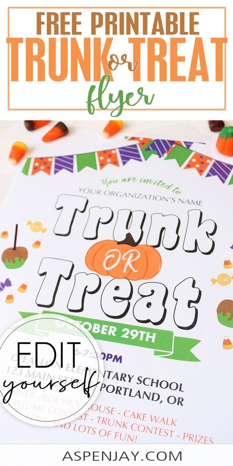 Invite everyone to a fa-BOO-lous Halloween party with this FREE editable Trunk or Treat Flyer! #trunkortreat #halloweeninvite #trunkortreatflyer #halloweenflyer #freehalloween Trunk Or Treat Flyer Free Printable, Trunk Or Treat Flyer, Church Trunk, Halloween Gender Reveal, Fall Friends, Flyer Free, Festival Flyer, Halloween Flyer, Harvest Party