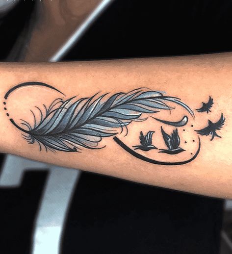 Infinity Feather Tattoo Design For Women, Feminine Floral Tattoo, Feminine Chest Tattoo, Forearm Cover Up Tattoos, Feather Tattoo Colour, Infinity Tattoo With Feather, Cover Up Tattoos For Women, Feather Accessories, Wrist Tattoo Cover Up