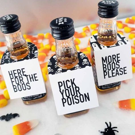 Halloween favor tags. Spooky Halloween party favor tags sized to fit miniature bottles of alcohol. Halloween party favor tags are perfect for Halloween table decorations. Add these spooky tags to a mini bottle of your favorite spirits for a Halloween favor that is guaranteed to be a hit with your guests! You'll receive 4 of each design More Boos Please Pick Your Poison Here For The Boos Tags only, ribbon and props not included Bottles Of Alcohol, Halloween Favor Tags, Halloween Favor, Mini Liquor Bottles, Halloween Party Printables, Spooky Halloween Party, Halloween Table Decorations, Magic Potion, Halloween Favors