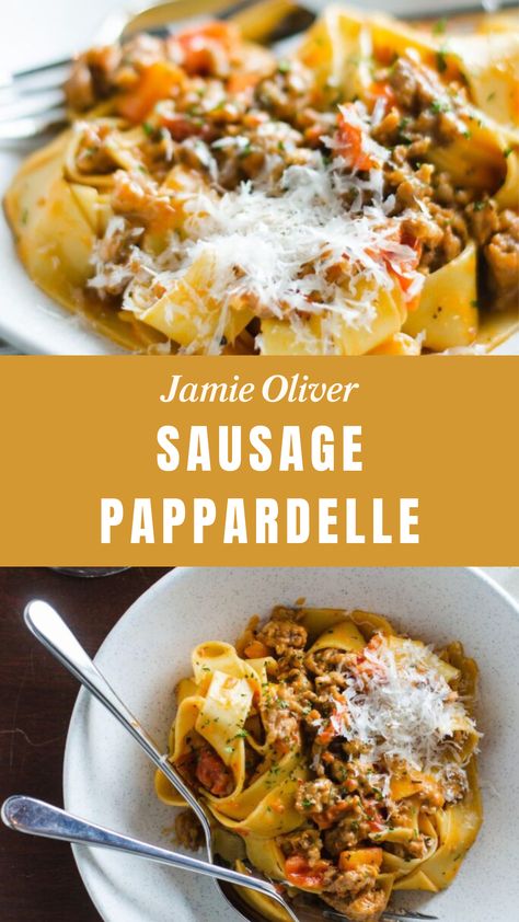 Jamie Oliver Sausage Pappardelle Jamie Oliver Sausage Pasta, Sausage Pappardelle, Papperdelle Recipes, Pappardelle Recipes, Parpadelle Recipes, Pappardelle Recipe, Italian Red Wine, Pancetta Recipes, Lasagne Sheets