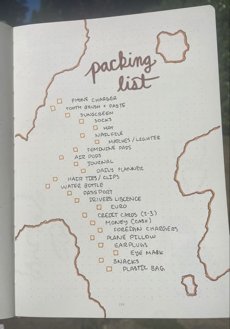 Bujo Packing List, Packing List Bullet Journal, Journal Packing List, Bullet Journal Packing List, Plane Pillow, What To Pack For Vacation, Feminine Pads, Heads Together, Journal Notes