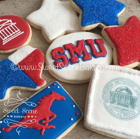 SMU Cookies, Mustang Cookies. Mustang Cookies, Graduation Party Food Table, Smu Graduation, Grad Food, College Cookies, Law Graduation, Law School Graduation Party, Baking Hobby, College Vibes